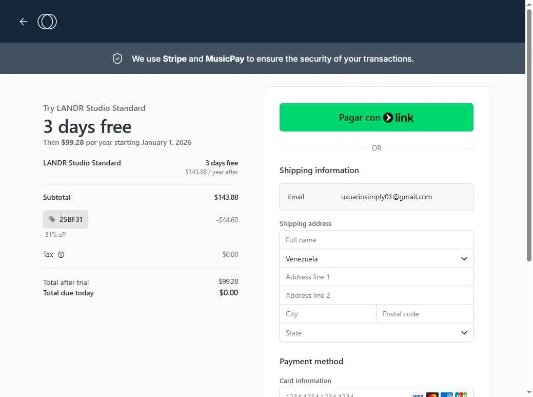 LANDR checkout page showing LANDR promo code box | Screenshot taken by SimplyCodes community member on Dec 29, 2025