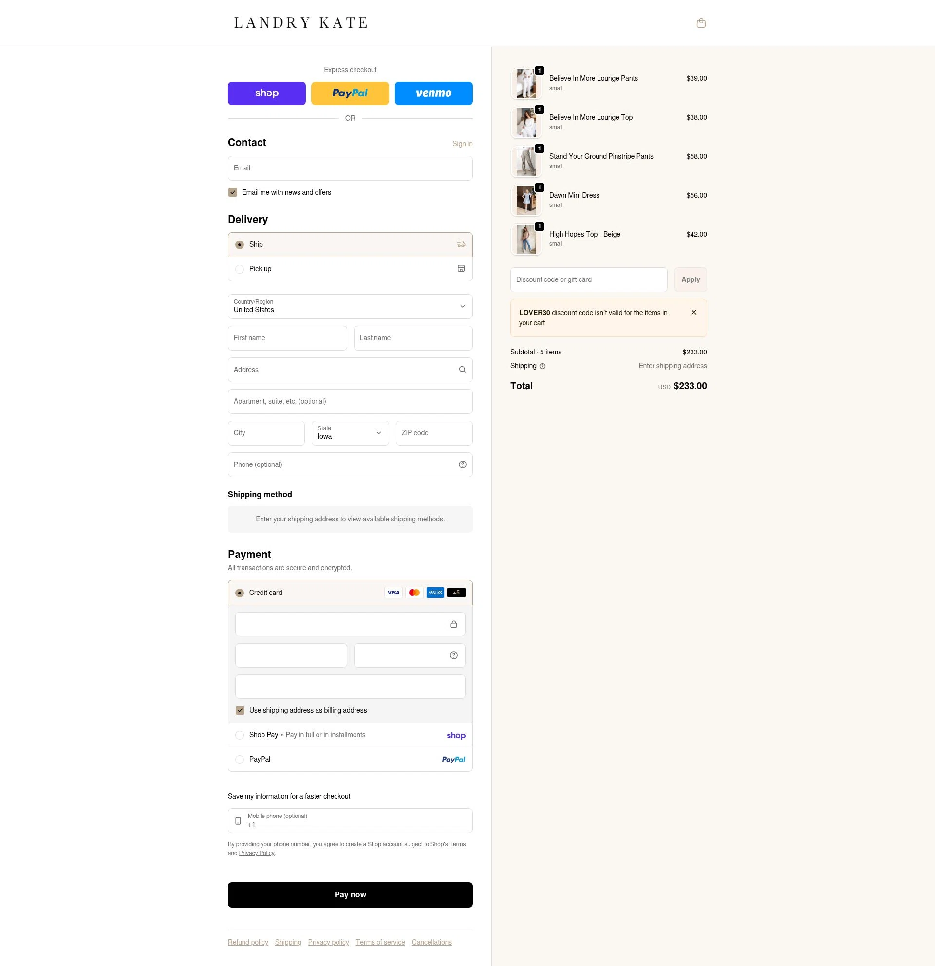 Landry Kate checkout page showing Landry Kate coupon code box | Screenshot taken by SimplyCodes community member on Feb 9, 2026
