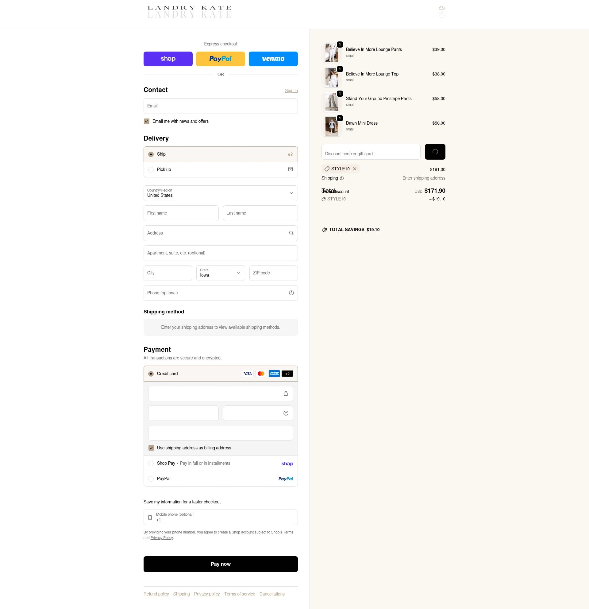 Landry Kate checkout page showing Landry Kate coupon code box | Screenshot taken by SimplyCodes community member on Feb 18, 2026