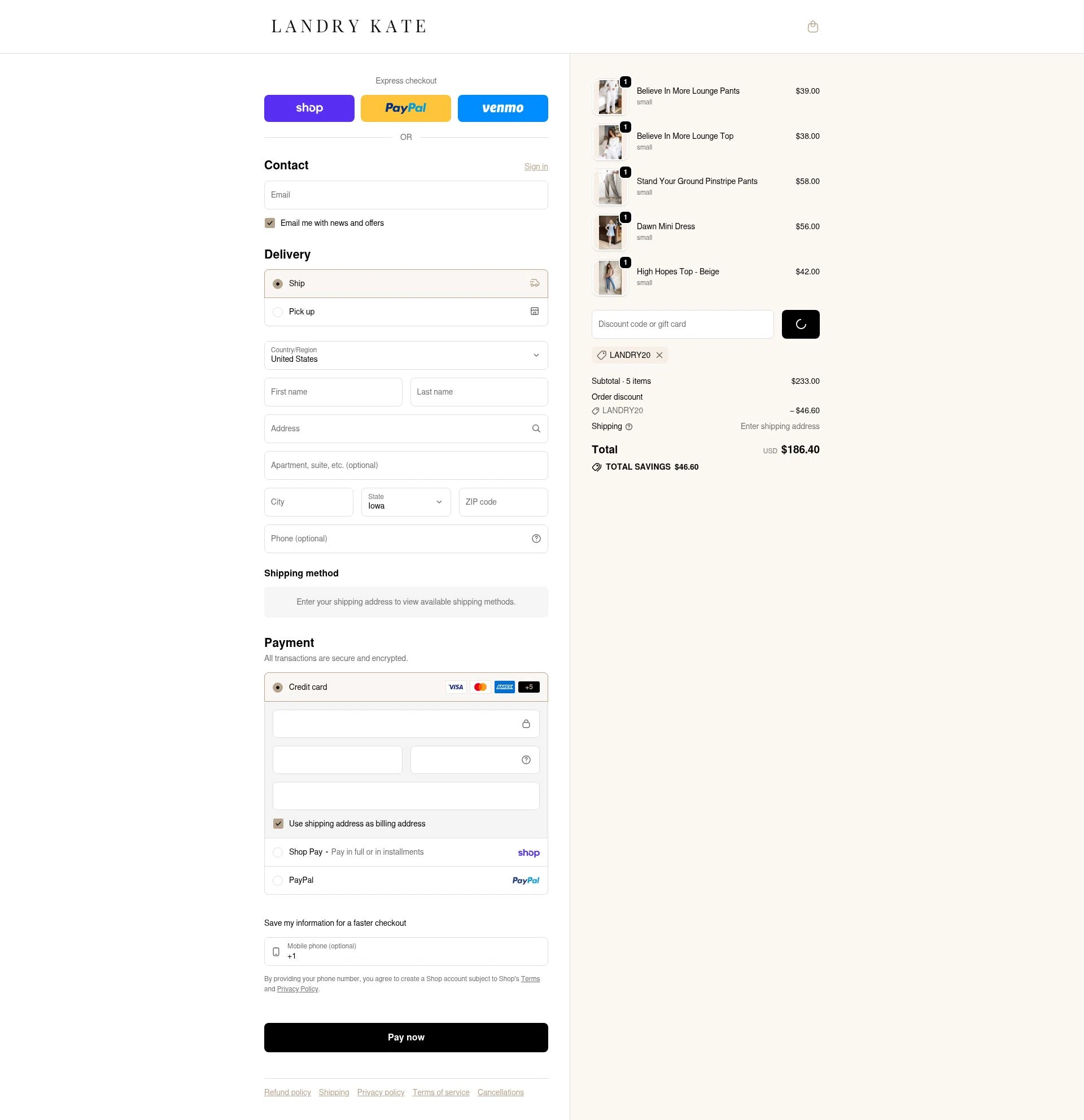 Landry Kate checkout page showing Landry Kate coupon code box | Screenshot taken by SimplyCodes community member on Feb 9, 2026