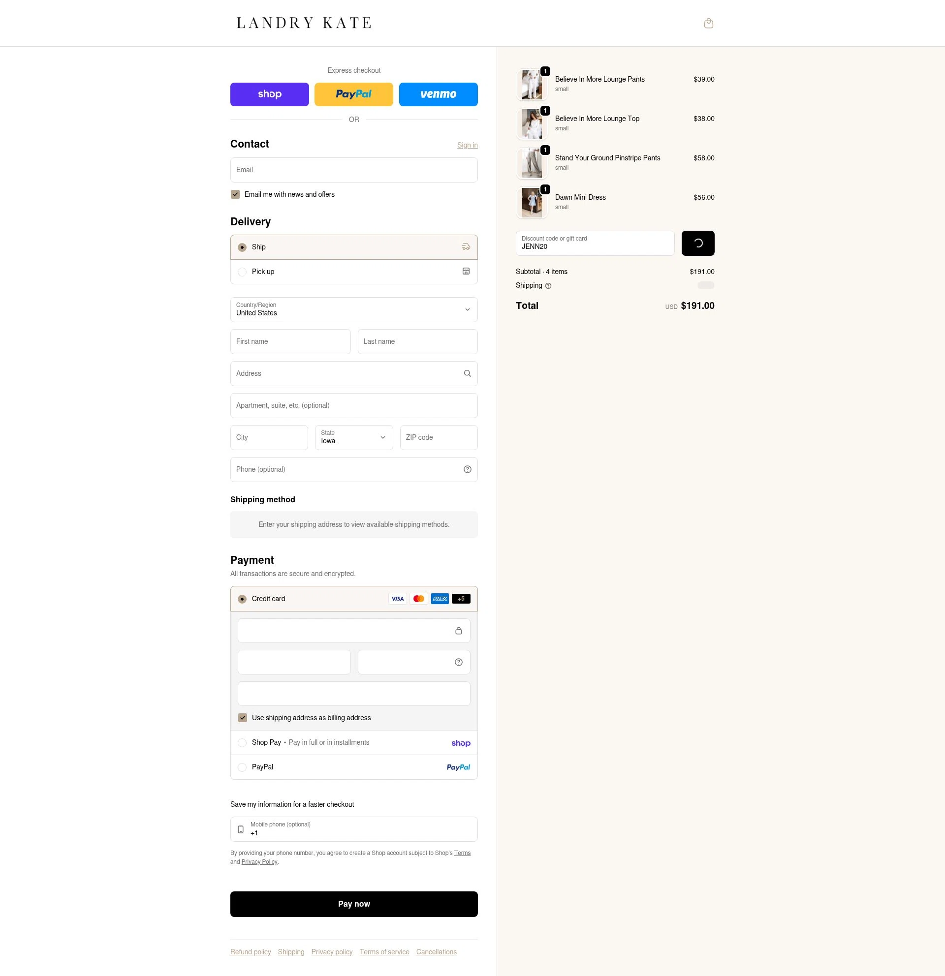 Landry Kate checkout page showing Landry Kate coupon code box | Screenshot taken by SimplyCodes community member on Feb 18, 2026
