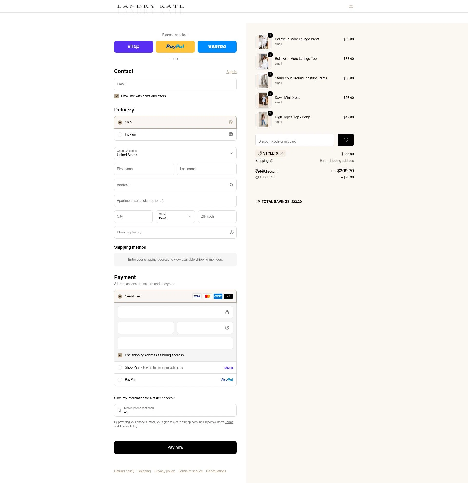 Landry Kate checkout page showing Landry Kate coupon code box | Screenshot taken by SimplyCodes community member on Feb 13, 2026