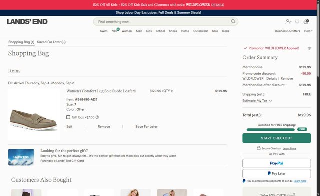 Lands' End checkout page showing Lands' End promo code box | Screenshot taken by SimplyCodes community member on Aug 31, 2025