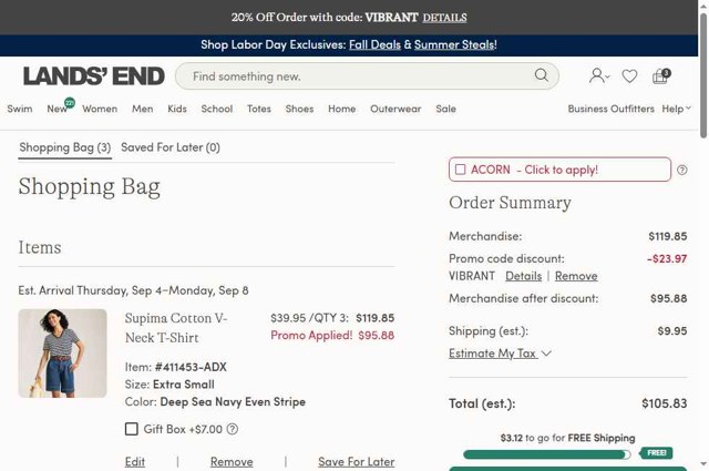 Lands' End checkout page showing Lands' End promo code box | Screenshot taken by SimplyCodes community member on Aug 31, 2025
