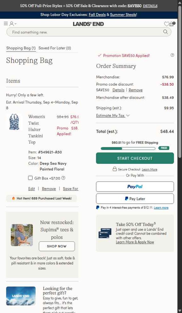 Lands' End checkout page showing Lands' End promo code box | Screenshot taken by SimplyCodes community member on Aug 29, 2025