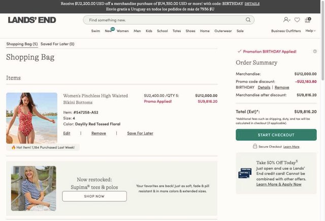 Lands' End checkout page showing Lands' End promo code box | Screenshot taken by SimplyCodes community member on Aug 25, 2025