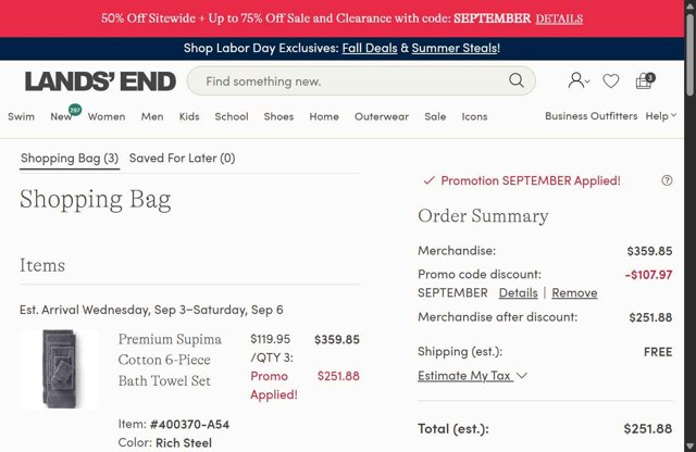 Lands' End checkout page showing Lands' End promo code box | Screenshot taken by SimplyCodes community member on Aug 28, 2025