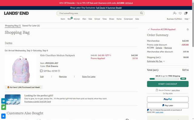 Lands' End checkout page showing Lands' End promo code box | Screenshot taken by SimplyCodes community member on Aug 28, 2025