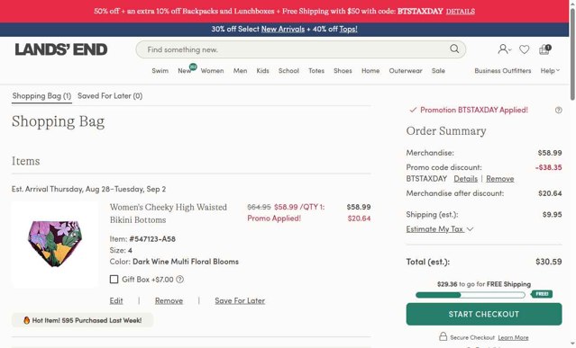 Lands' End checkout page showing Lands' End promo code box | Screenshot taken by SimplyCodes community member on Aug 24, 2025