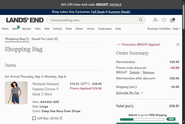 Lands' End checkout page showing Lands' End promo code box | Screenshot taken by SimplyCodes community member on Aug 31, 2025