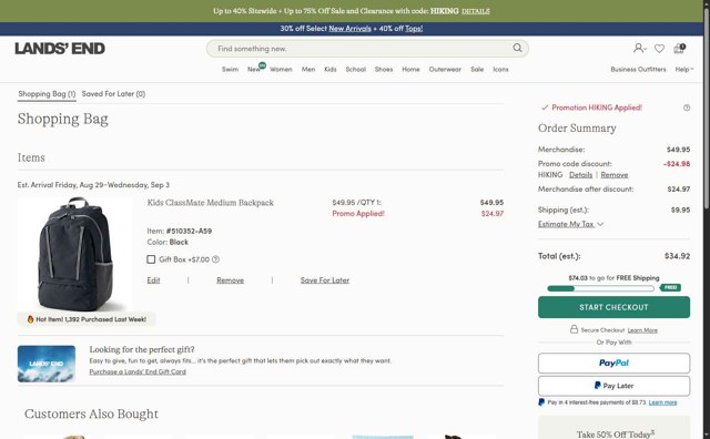 Lands' End checkout page showing Lands' End promo code box | Screenshot taken by SimplyCodes community member on Aug 25, 2025