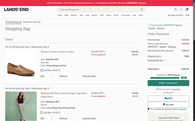 Lands' End checkout page showing Lands' End promo code box | Screenshot taken by SimplyCodes community member on Sep 2, 2025