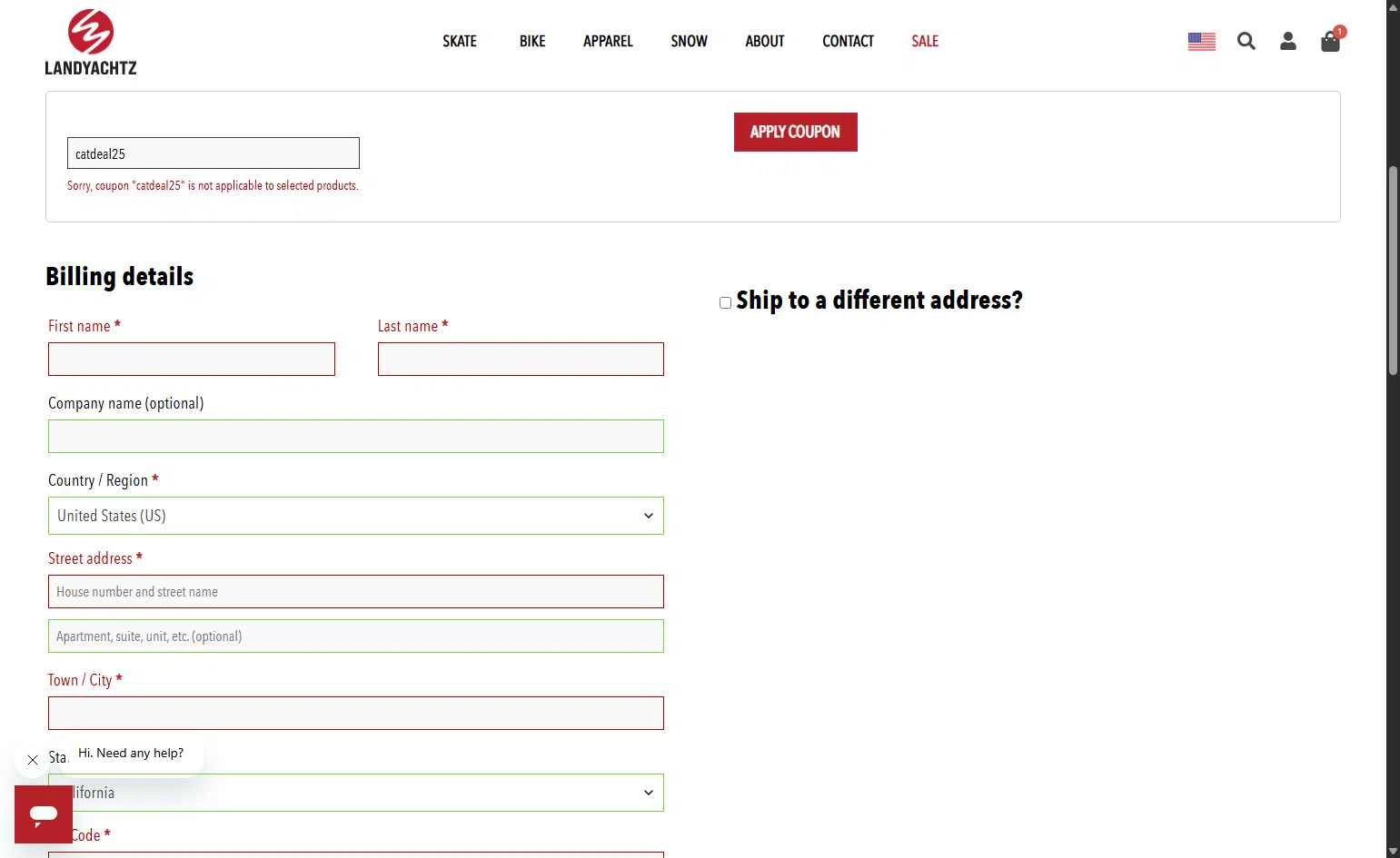 Landyachtz checkout page showing Landyachtz discount code box | Screenshot taken by SimplyCodes community member on Jan 6, 2026