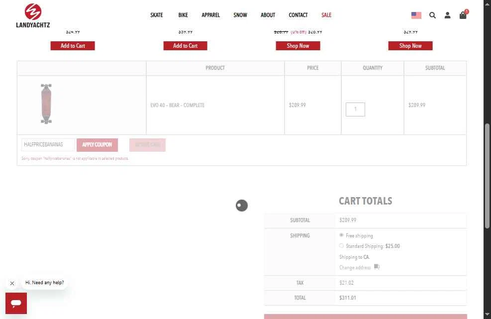 Landyachtz checkout page showing Landyachtz discount code box | Screenshot taken by SimplyCodes community member on Jan 18, 2026