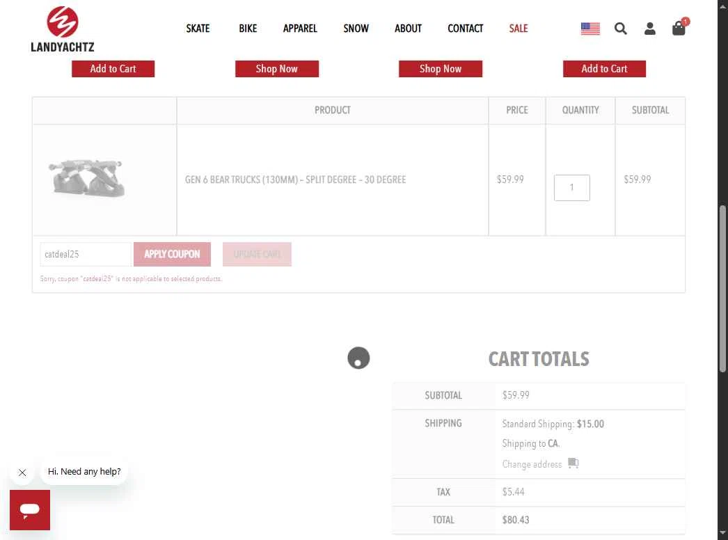 Landyachtz checkout page showing Landyachtz discount code box | Screenshot taken by SimplyCodes community member on Dec 8, 2025