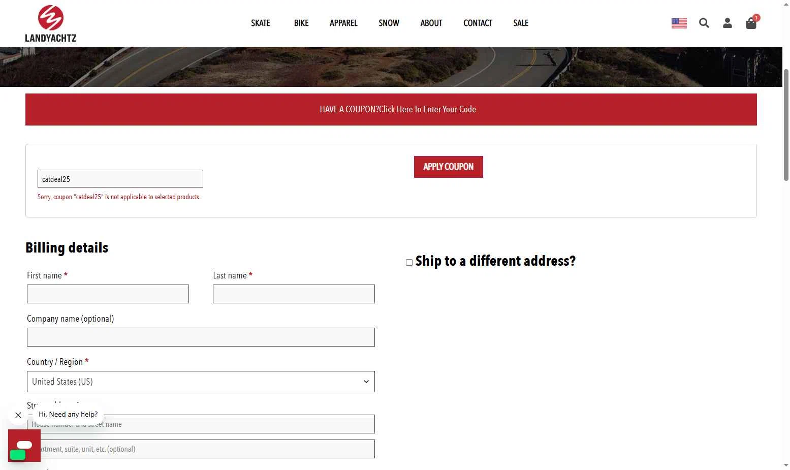 Landyachtz checkout page showing Landyachtz discount code box | Screenshot taken by SimplyCodes community member on Nov 9, 2025