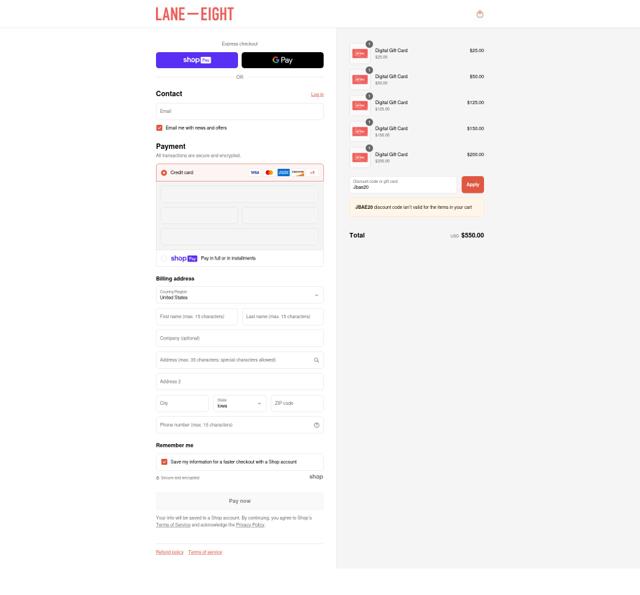 Lane Eight checkout page showing Lane Eight promo code box | Screenshot taken by SimplyCodes community member on Aug 12, 2025