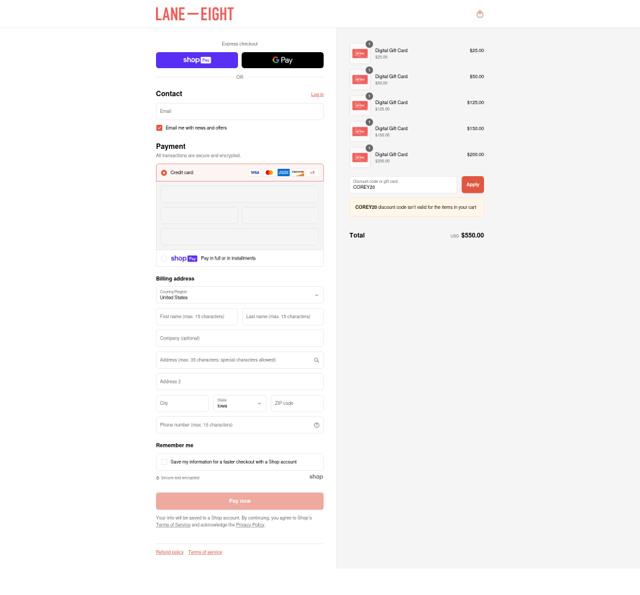 Lane Eight checkout page showing Lane Eight promo code box | Screenshot taken by SimplyCodes community member on Aug 8, 2025