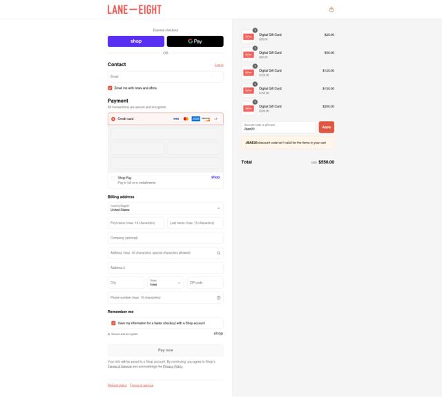 Lane Eight checkout page showing Lane Eight promo code box | Screenshot taken by SimplyCodes community member on Sep 7, 2025