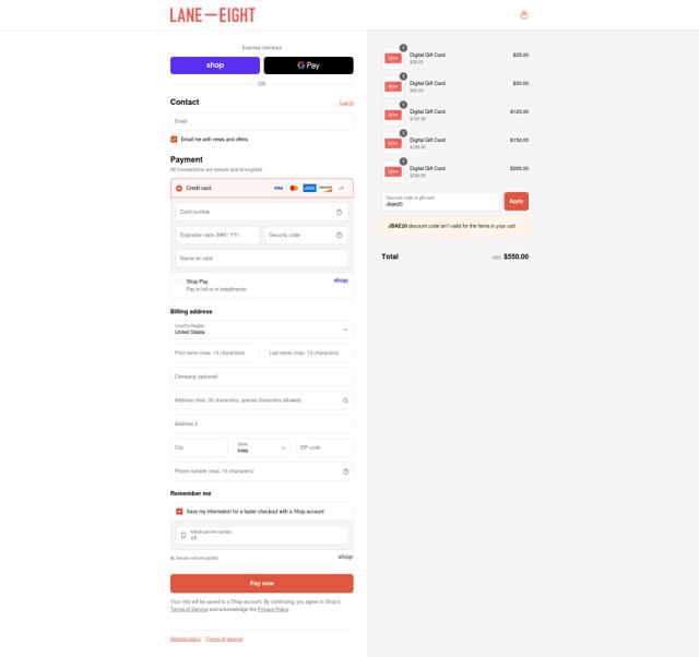 Lane Eight checkout page showing Lane Eight promo code box | Screenshot taken by SimplyCodes community member on Sep 3, 2025
