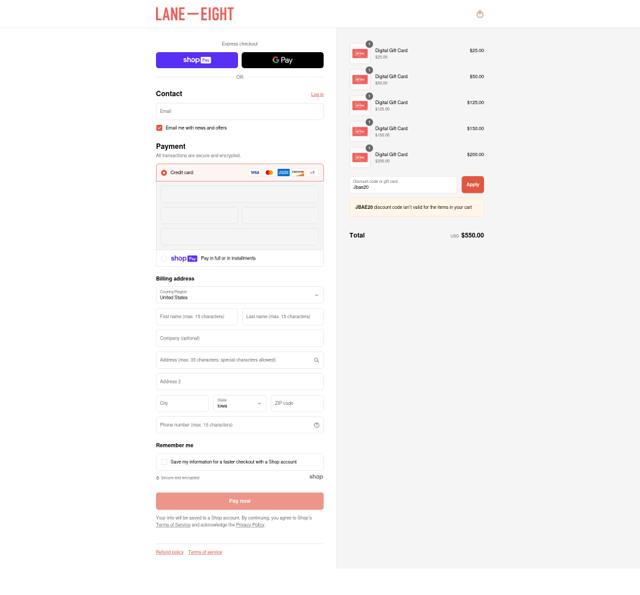 Lane Eight checkout page showing Lane Eight promo code box | Screenshot taken by SimplyCodes community member on Aug 8, 2025