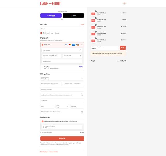 Lane Eight checkout page showing Lane Eight promo code box | Screenshot taken by SimplyCodes community member on Aug 25, 2025