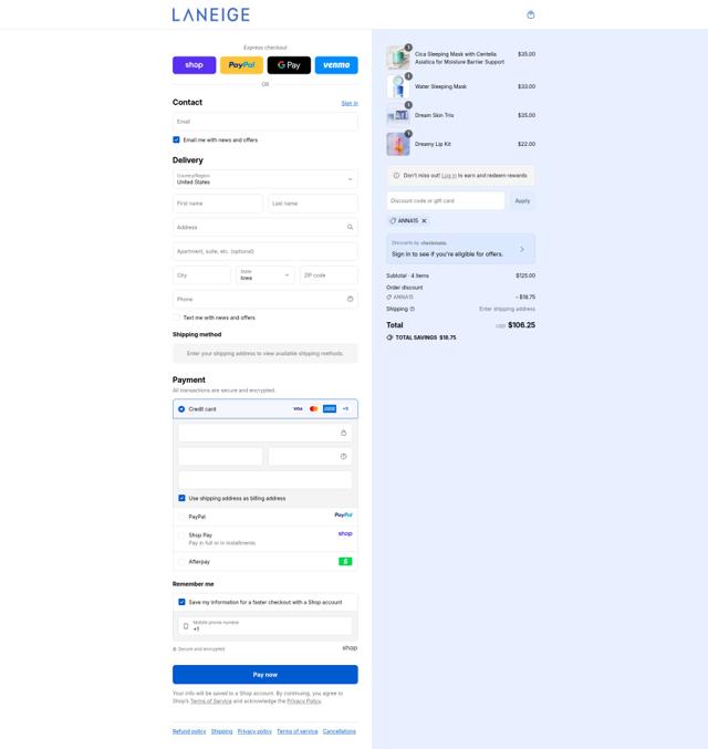 Laneige checkout page showing Laneige coupon code box | Screenshot taken by SimplyCodes community member on Sep 11, 2025