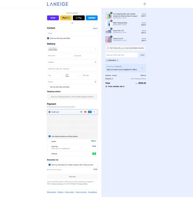 Laneige checkout page showing Laneige coupon code box | Screenshot taken by SimplyCodes community member on Sep 11, 2025