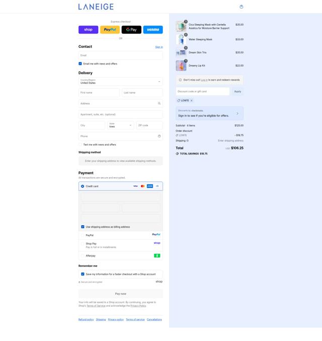 Laneige checkout page showing Laneige coupon code box | Screenshot taken by SimplyCodes community member on Sep 11, 2025