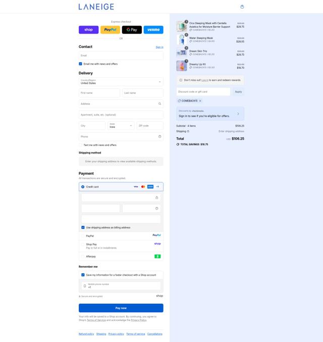Laneige checkout page showing Laneige coupon code box | Screenshot taken by SimplyCodes community member on Sep 11, 2025