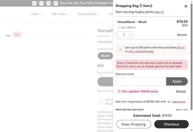 L'ange Hair checkout page showing L'ange Hair discount code box | Screenshot taken by SimplyCodes community member on Sep 6, 2025