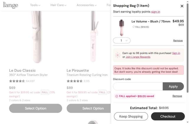 L'ange Hair checkout page showing L'ange Hair discount code box | Screenshot taken by SimplyCodes community member on Sep 8, 2025
