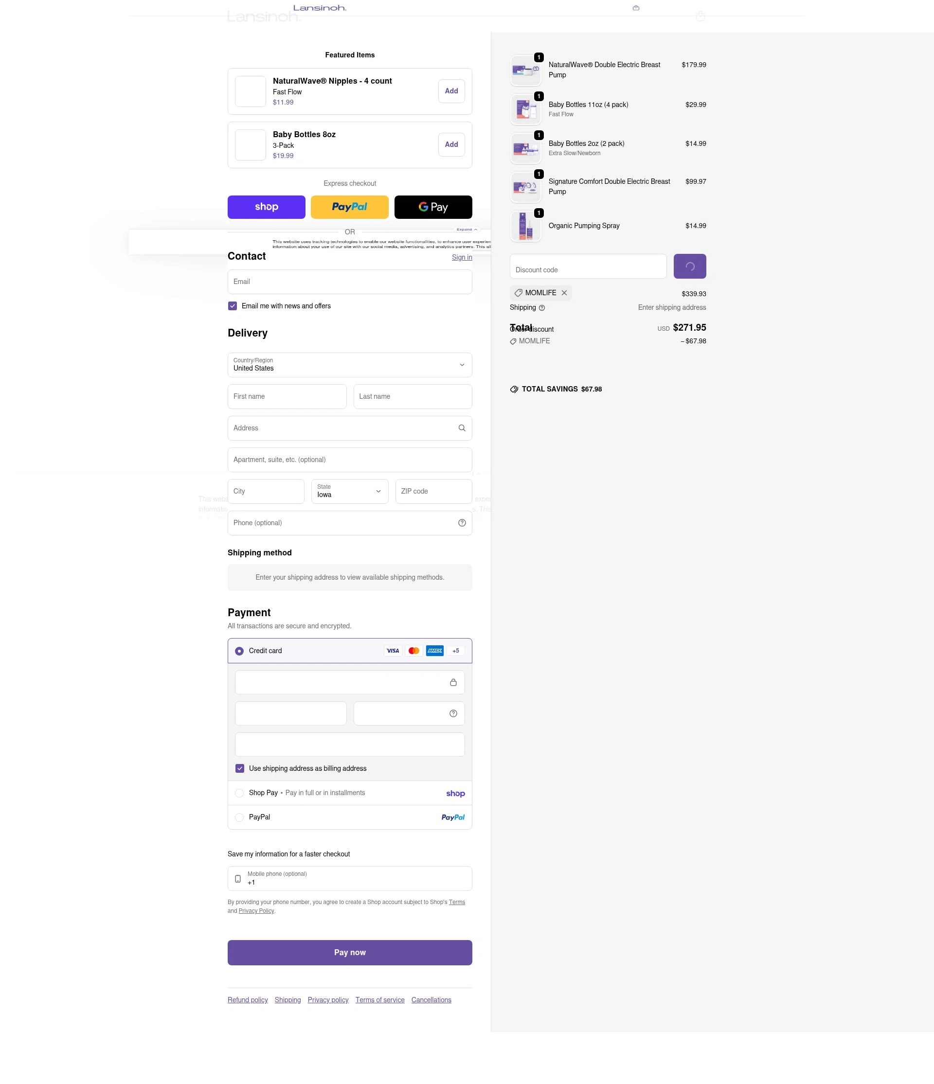 Lansinoh checkout page showing Lansinoh discount code box | Screenshot taken by SimplyCodes community member on Feb 4, 2026