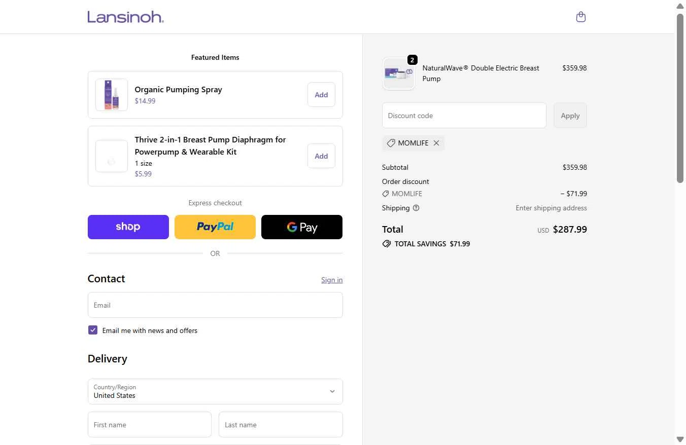 Lansinoh checkout page showing Lansinoh discount code box | Screenshot taken by SimplyCodes community member on Jan 31, 2026