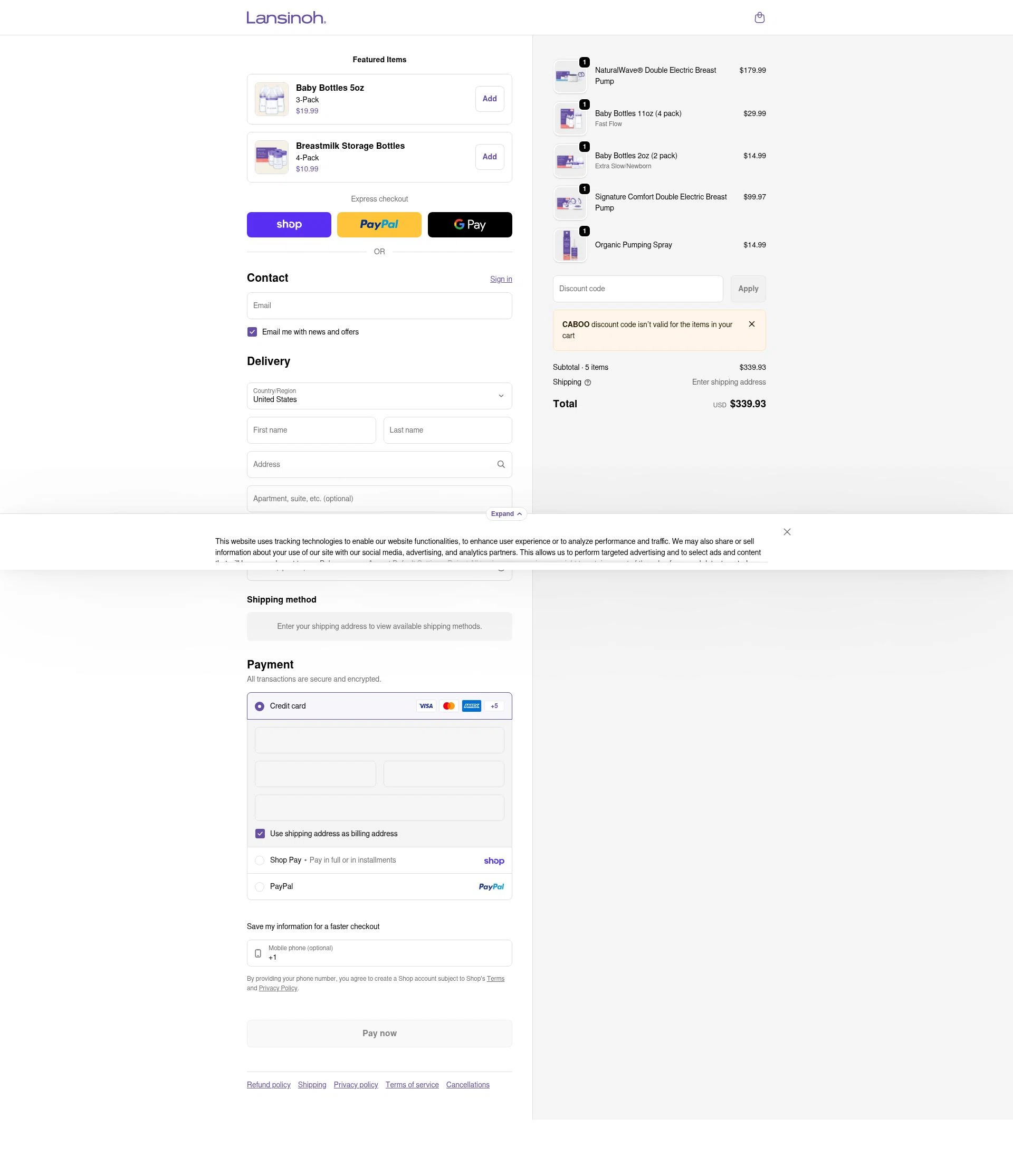Lansinoh checkout page showing Lansinoh discount code box | Screenshot taken by SimplyCodes community member on Jan 31, 2026
