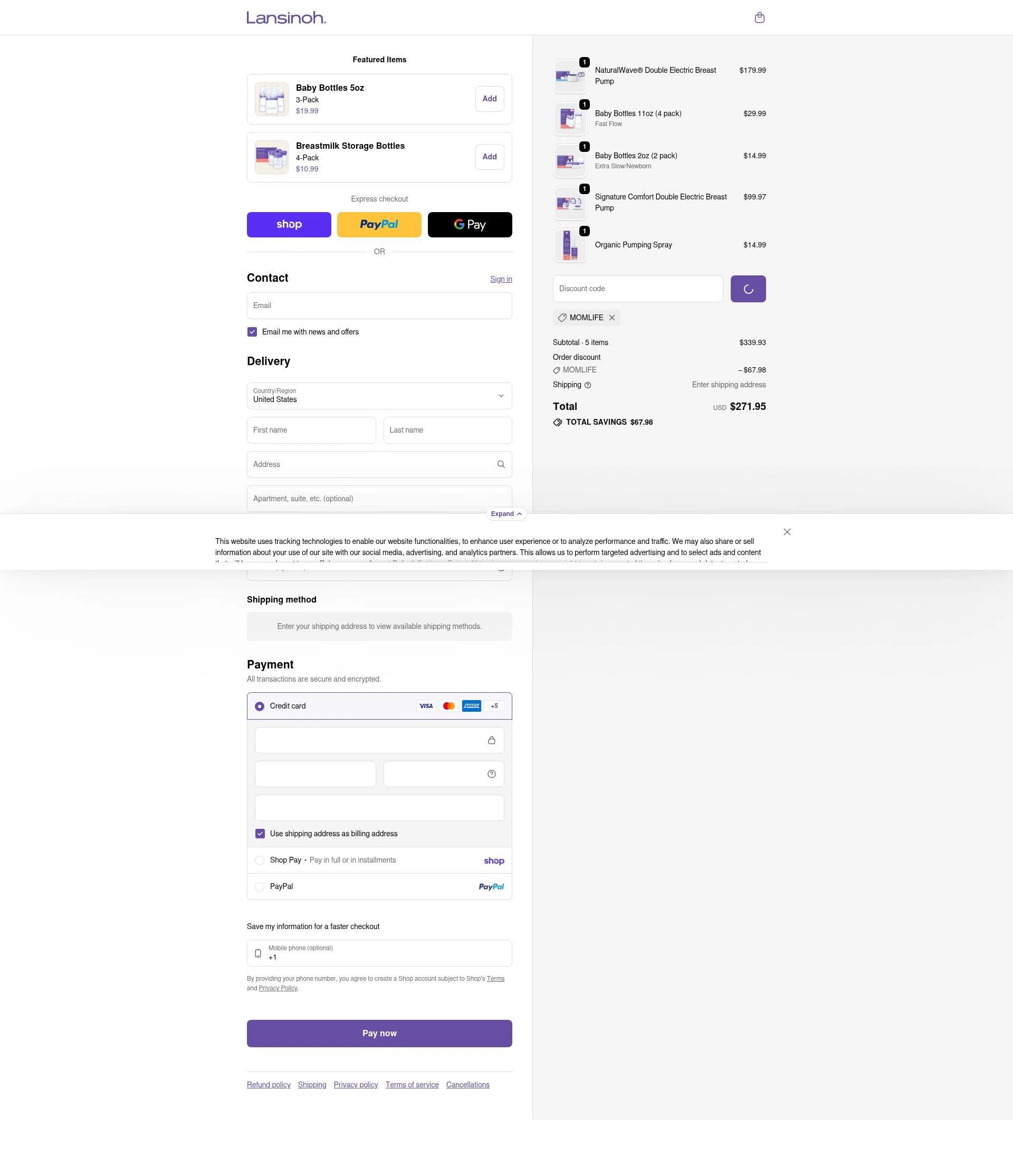 Lansinoh checkout page showing Lansinoh discount code box | Screenshot taken by SimplyCodes community member on Jan 31, 2026
