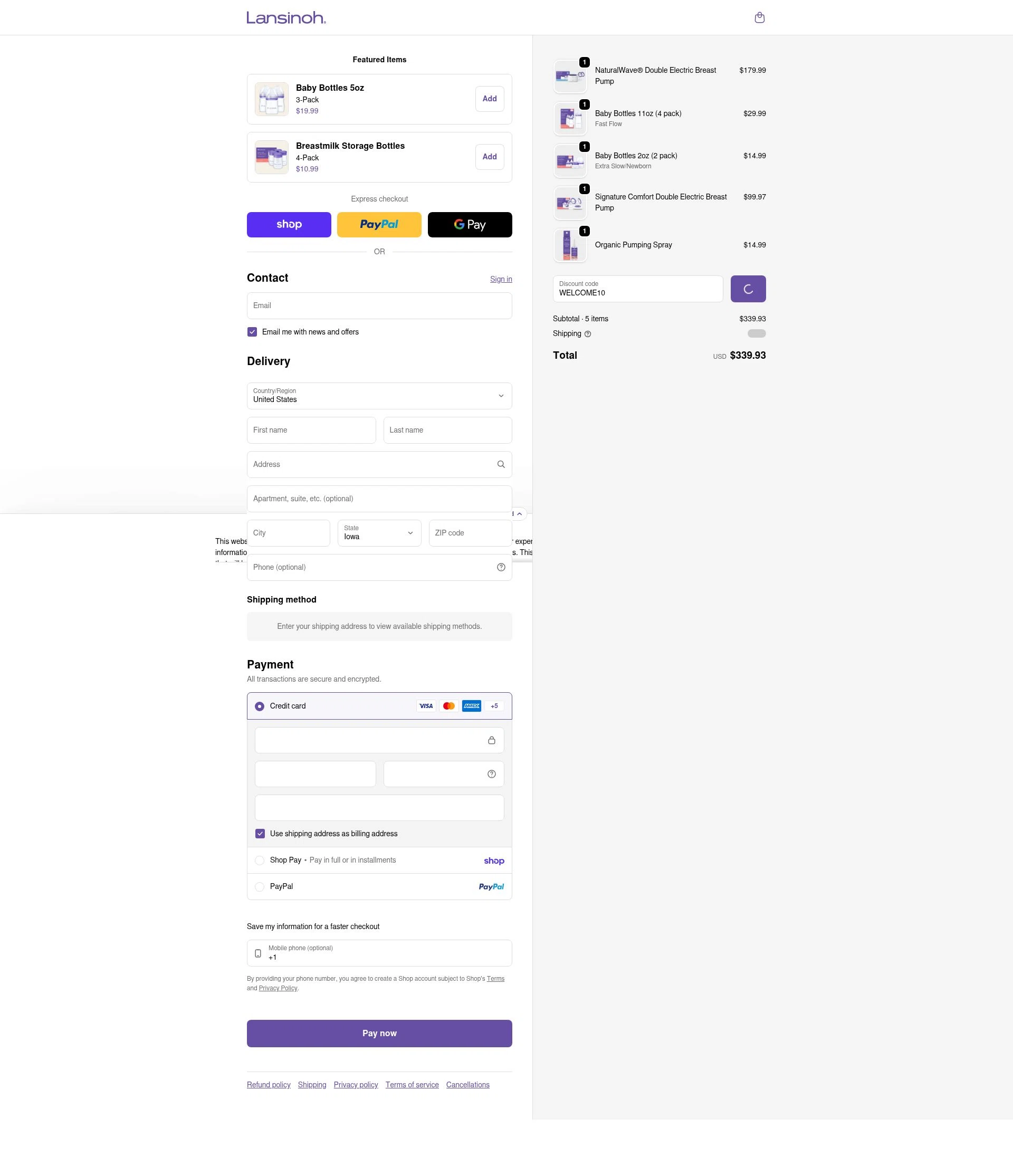 Lansinoh checkout page showing Lansinoh discount code box | Screenshot taken by SimplyCodes community member on Jan 31, 2026