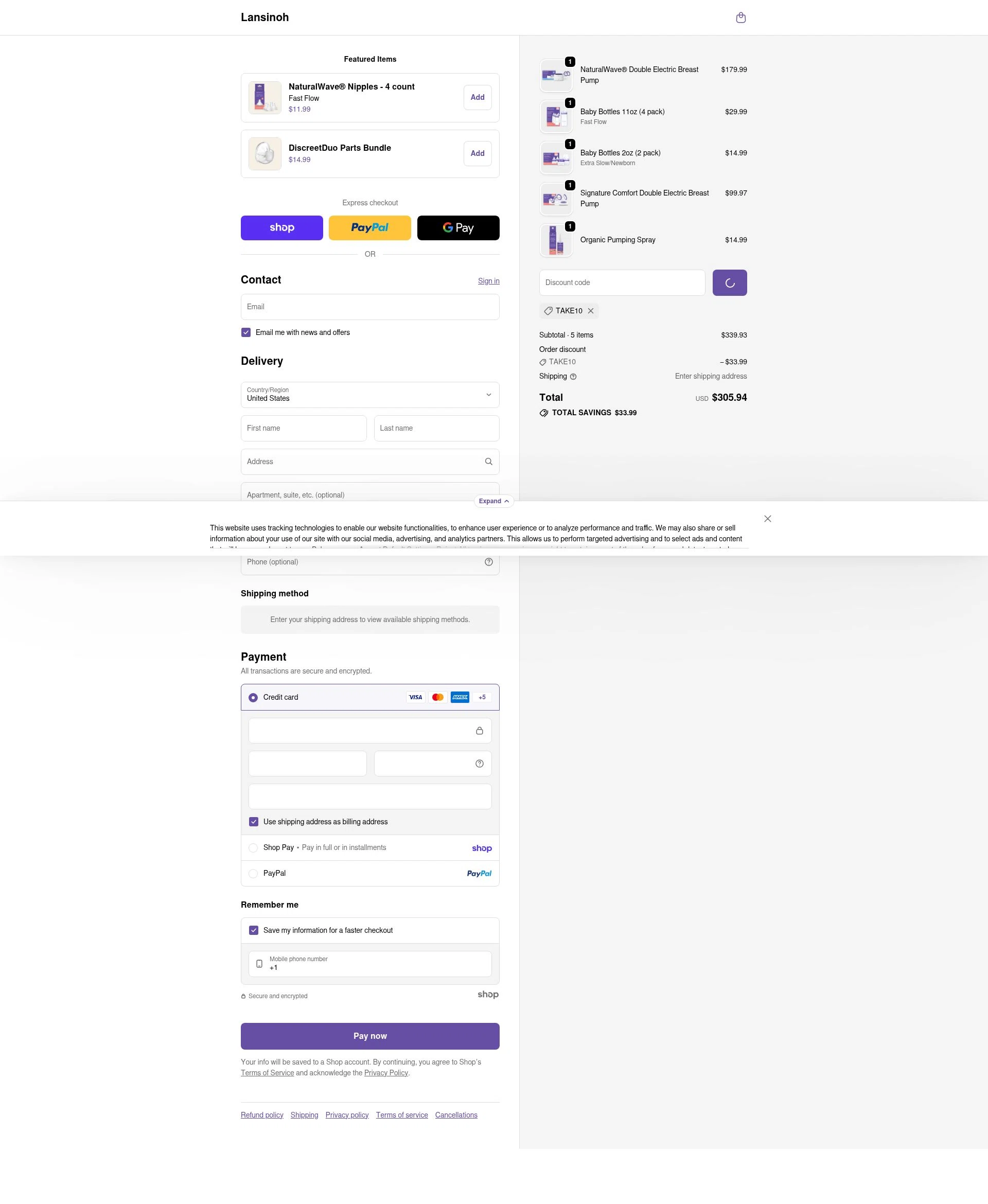 Lansinoh checkout page showing Lansinoh discount code box | Screenshot taken by SimplyCodes community member on Jan 26, 2026