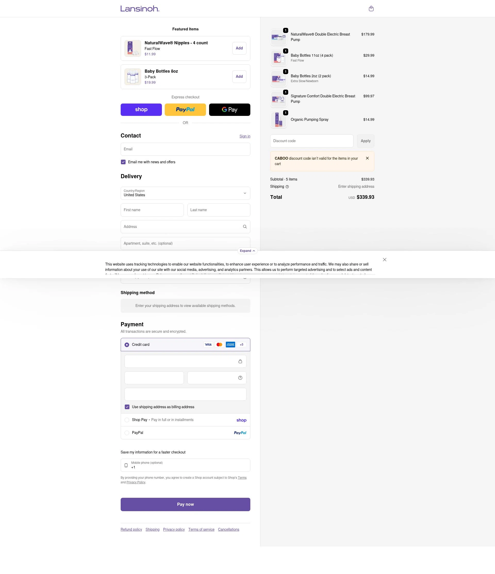 Lansinoh checkout page showing Lansinoh discount code box | Screenshot taken by SimplyCodes community member on Feb 4, 2026