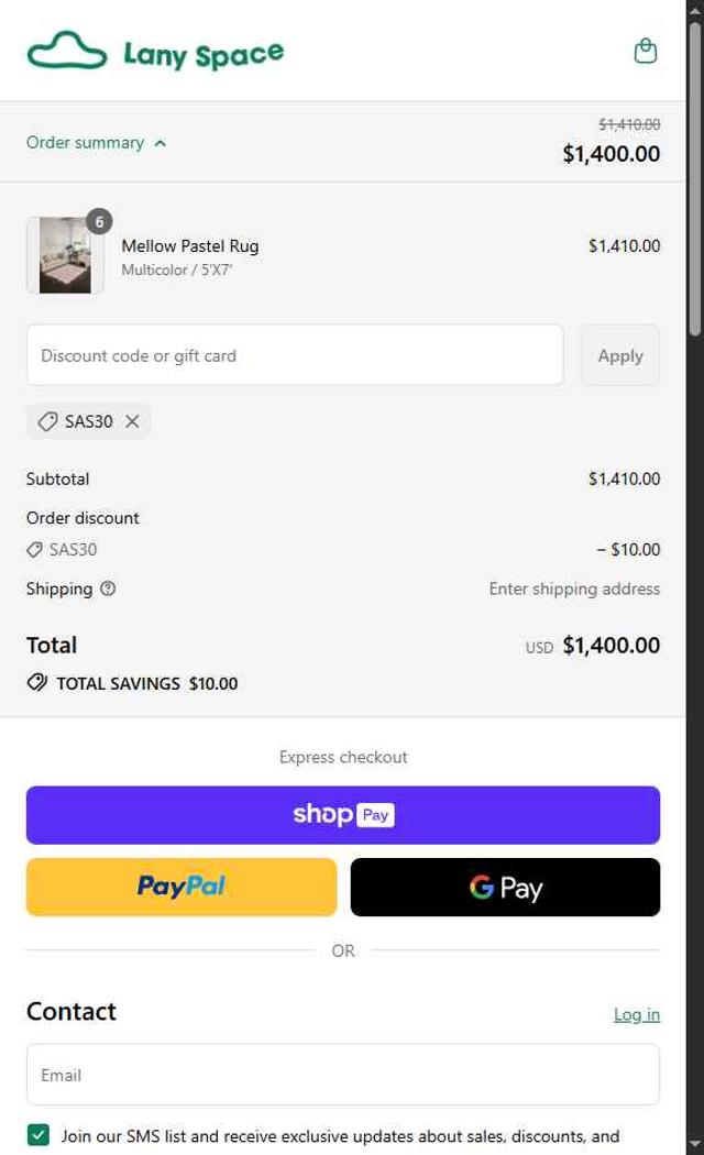 Lany Space checkout page showing Lany Space discount code box | Screenshot taken by SimplyCodes community member on Aug 23, 2025