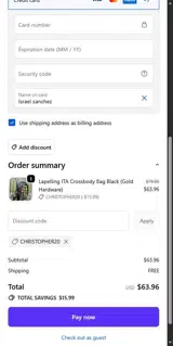 CHRISTOPHER20 coupon verification screenshot