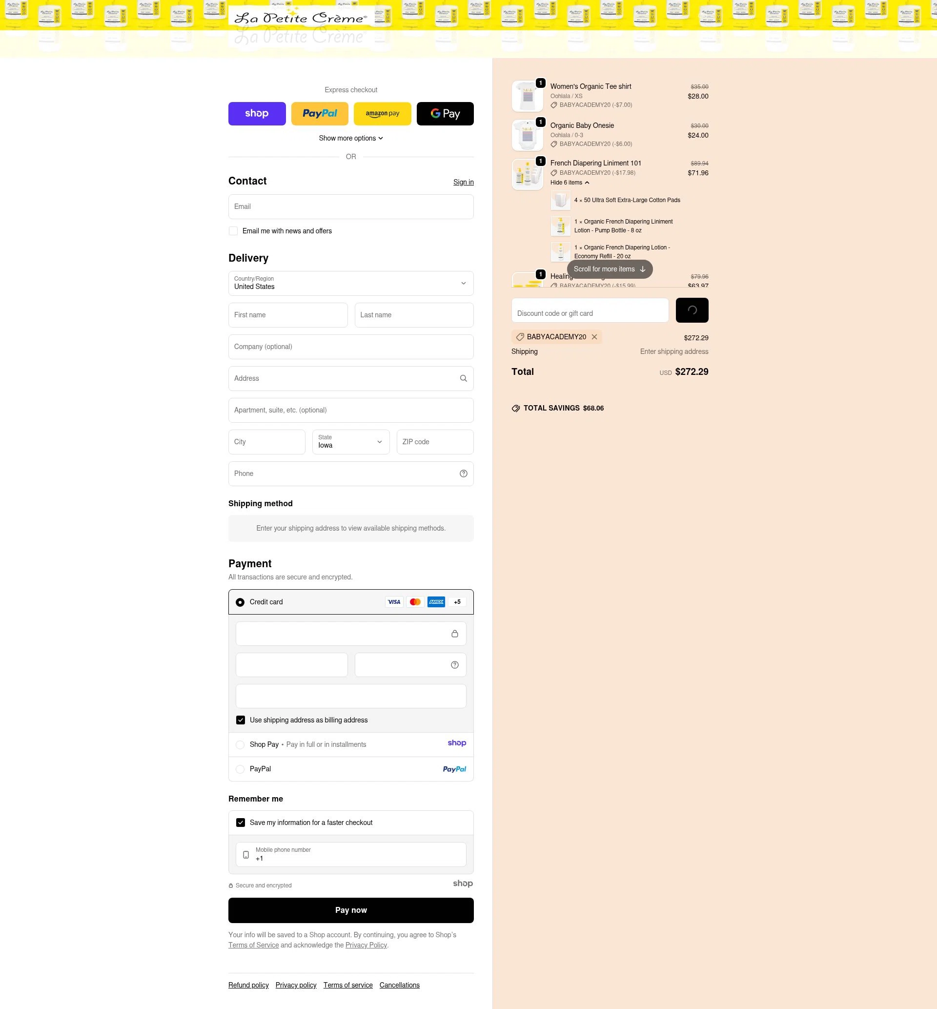 La Petite Creme checkout page showing La Petite Creme promo code box | Screenshot taken by SimplyCodes community member on Jan 1, 2026