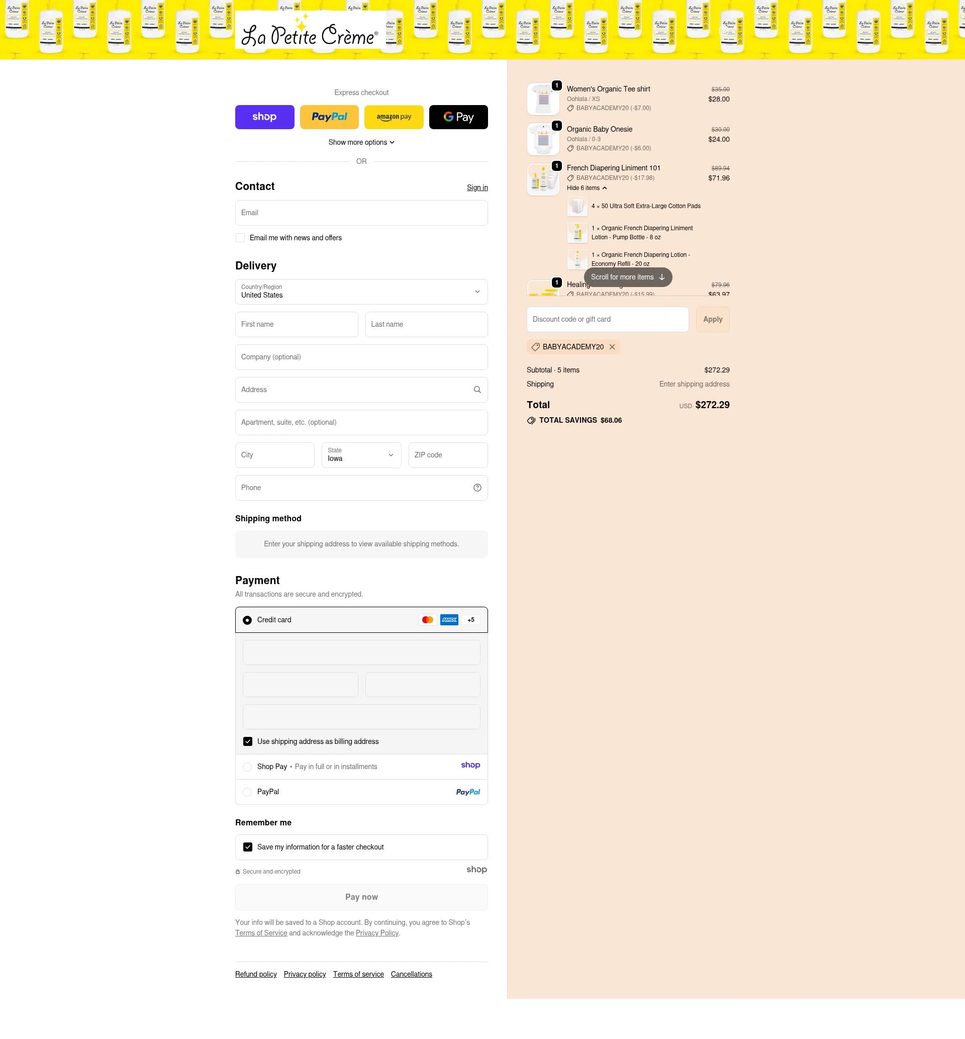 La Petite Creme checkout page showing La Petite Creme promo code box | Screenshot taken by SimplyCodes community member on Jan 6, 2026
