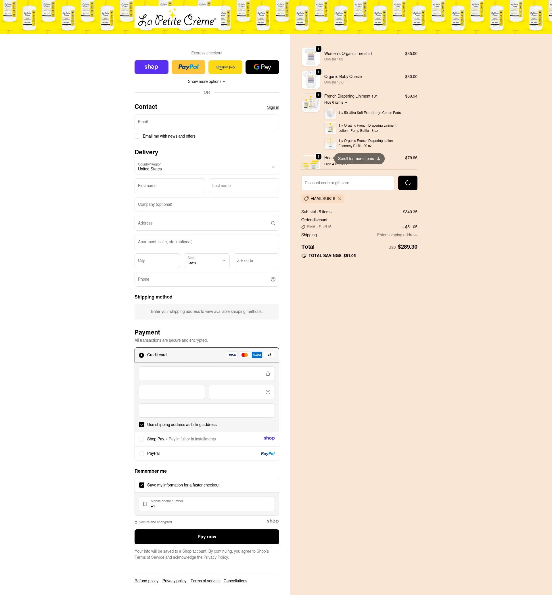 La Petite Creme checkout page showing La Petite Creme promo code box | Screenshot taken by SimplyCodes community member on Jan 6, 2026