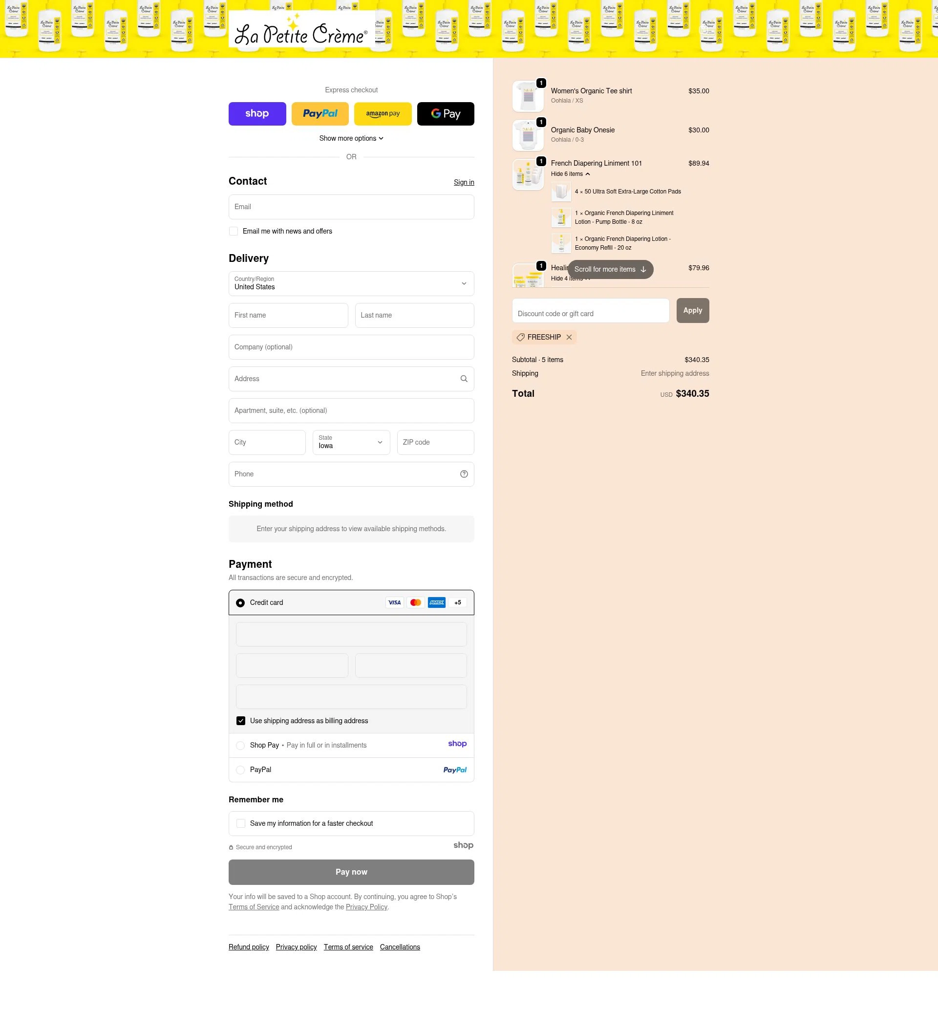 La Petite Creme checkout page showing La Petite Creme promo code box | Screenshot taken by SimplyCodes community member on Jan 6, 2026