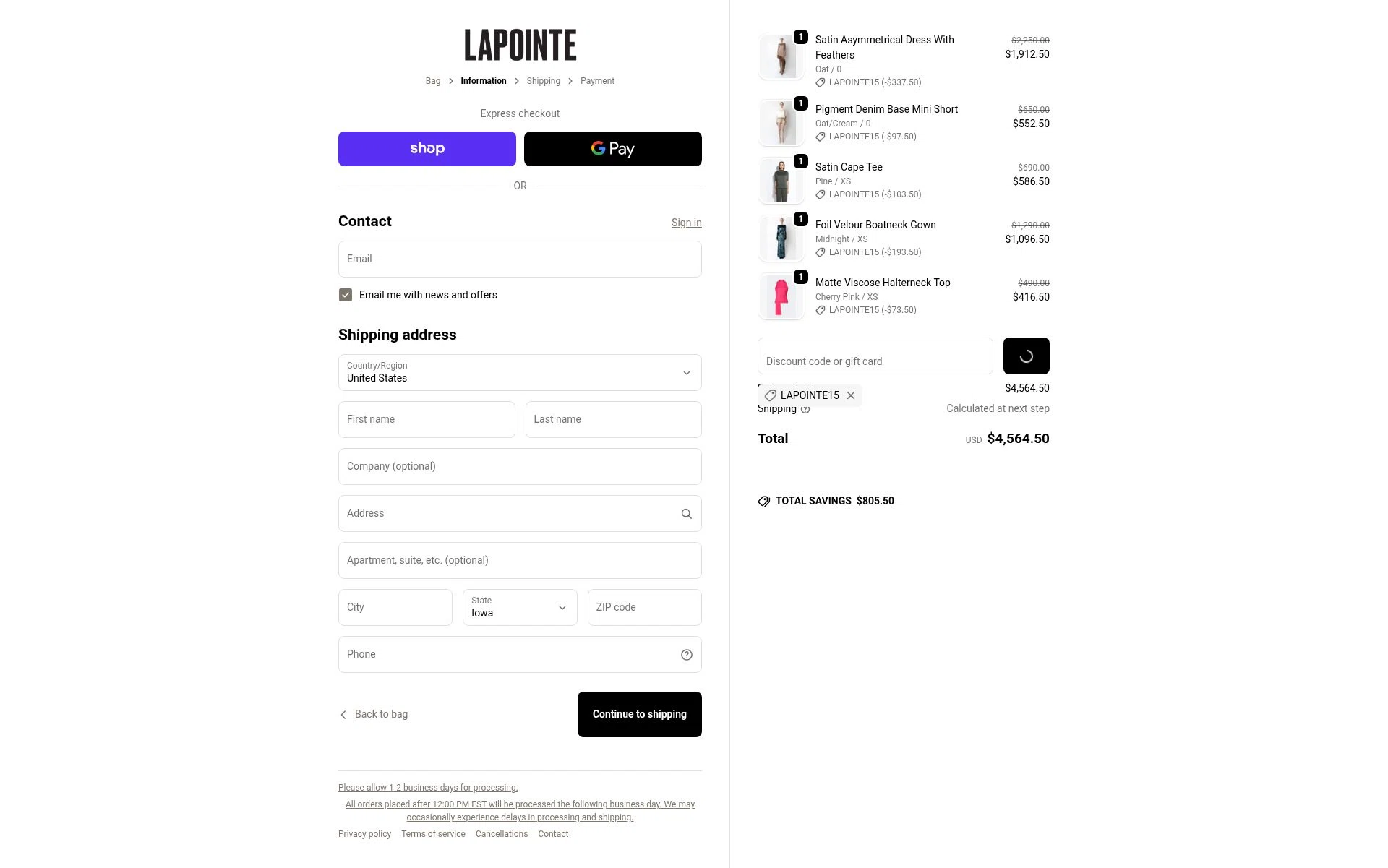 LAPOINTE checkout page showing LAPOINTE promo code box | Screenshot taken by SimplyCodes community member on Jan 6, 2026