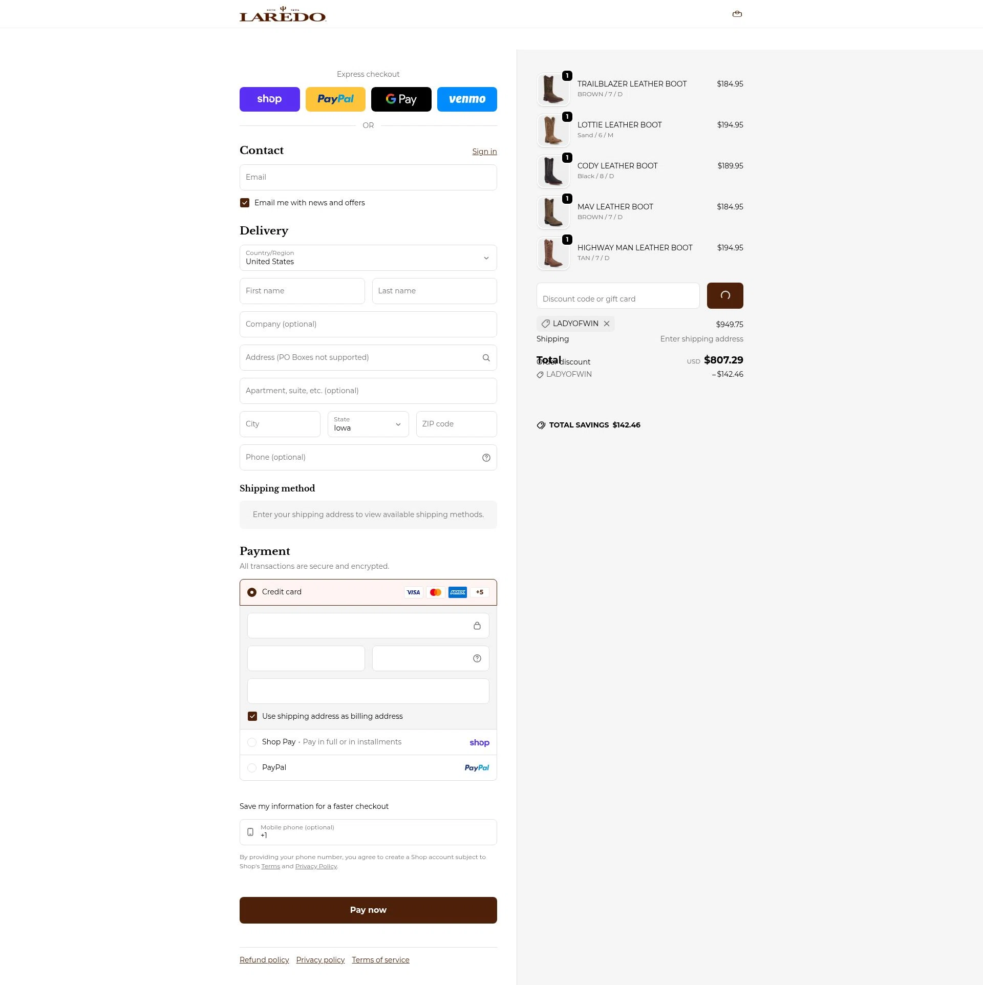 Laredo Western Boots checkout page showing Laredo Western Boots promo code box | Screenshot taken by SimplyCodes community member on Feb 18, 2026