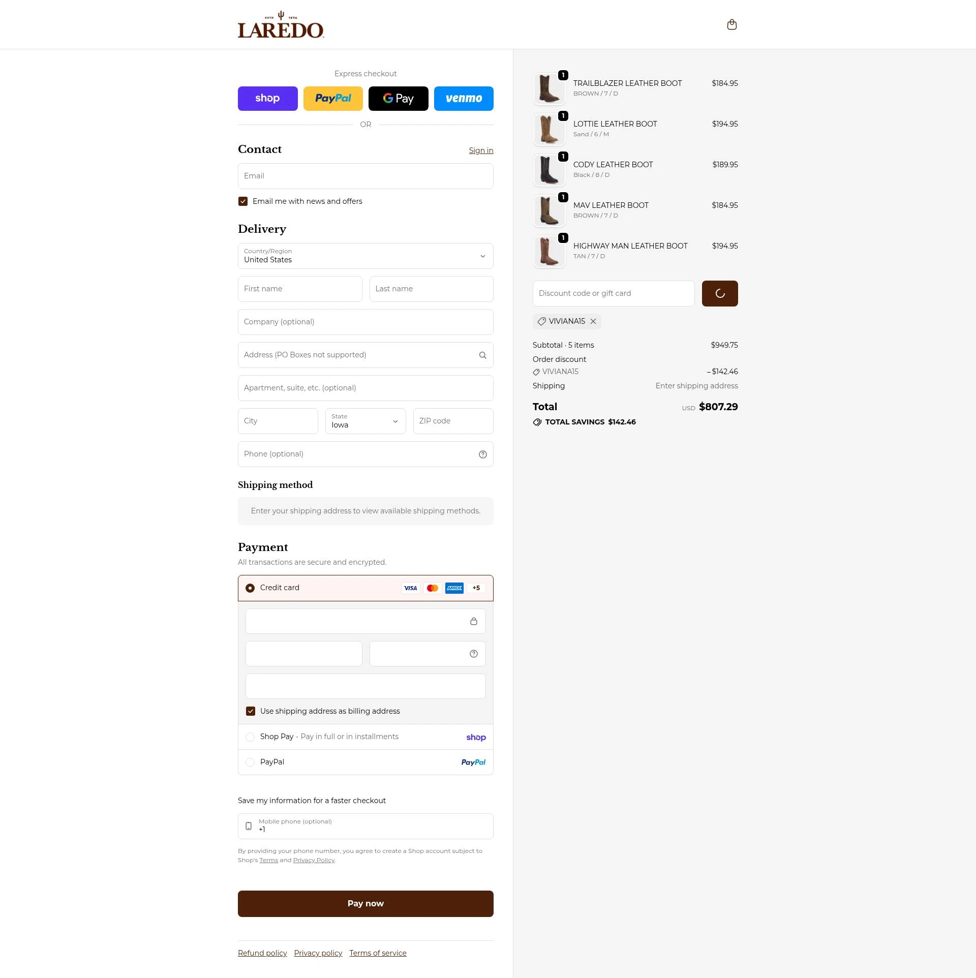 Laredo Western Boots checkout page showing Laredo Western Boots promo code box | Screenshot taken by SimplyCodes community member on Feb 18, 2026