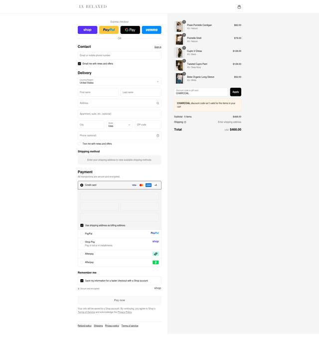 LA Relaxed checkout page showing LA Relaxed discount code box | Screenshot taken by SimplyCodes community member on Sep 11, 2025