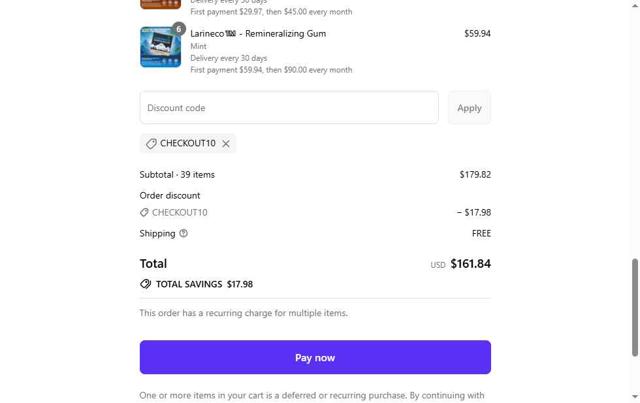 Larine checkout page showing Larine promo code box | Screenshot taken by SimplyCodes community member on Sep 12, 2025